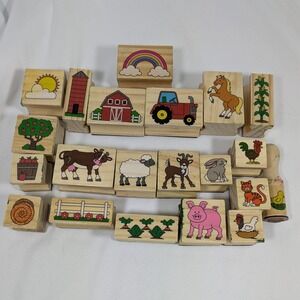 Melissa & Doug Wooden Ink Stamp Set - Farm, Animals, Tractor -  21 Items
